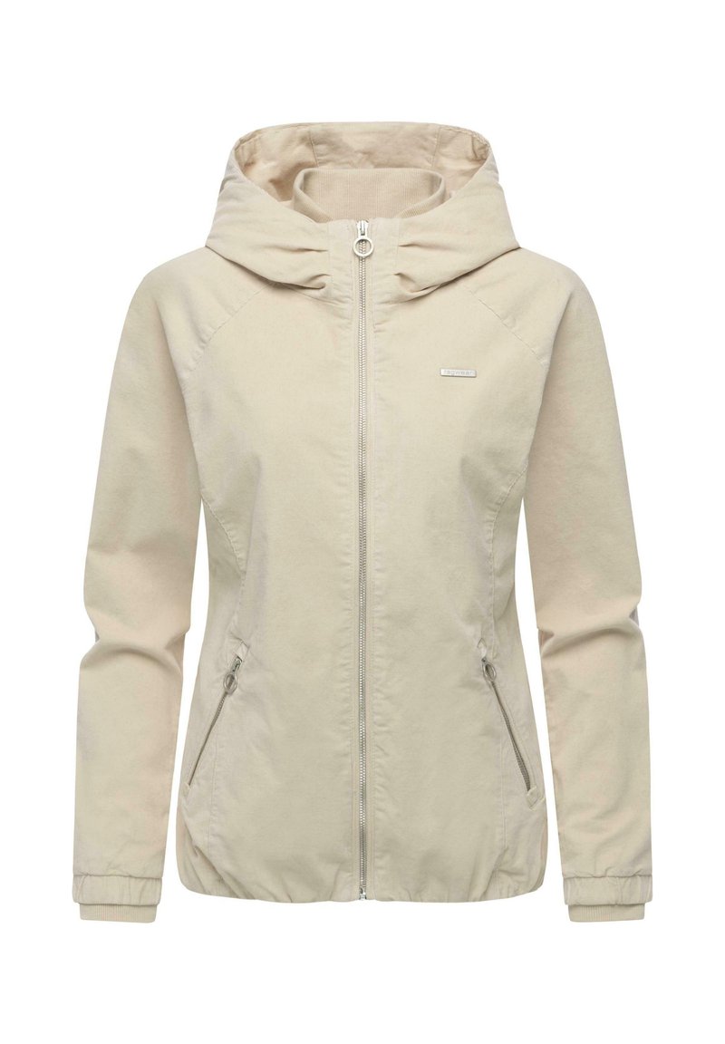 Lysebeige lynlåstrøje med hætte, raglanærmer, to sidelommer og ribkantede manchetter. Glat stof med mat finish.