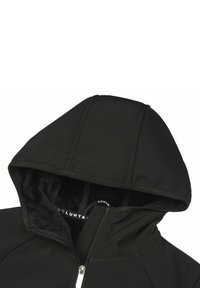Zwarte zip-up jas met een capuchon en een zachte, tekstuurlijn. De buitenkant is glad, met zichtbare stiksels en een merklabel aan de binnenkant.