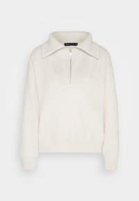 Fleece svetr v of-white barvě s žebrovaným límcem, polo-zip uzavíráním a manžetami a spodním lemem; má texturovanou přední část.