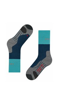 Graue und tealfarbene Kniestrümpfe mit gerippter Textur, verstärkter Ferse und Zehen. Mit rotem Branding am Knöchel und Boden zur Größenangabe.