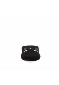 Calzino nero con design a forma di faccia di gatto, con baffi e occhi bianchi, tessuto morbido, forma rettangolare e fodera interna bianca.