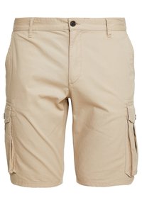 Beige cargo šortky vyrobené z lehkého materiálu, které mají dvě boční kapsy a dvě cargo kapsy, s knoflíkovým zapínáním a poutky na opasek.