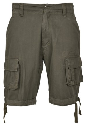 Olivza zaļi cargo šorti, kas izgatavoti no kokvilnas maisījuma auduma, ar divām lielām sānu kabatām, regulējamiem nevilkšanas apakšiem un pogu aizdari.