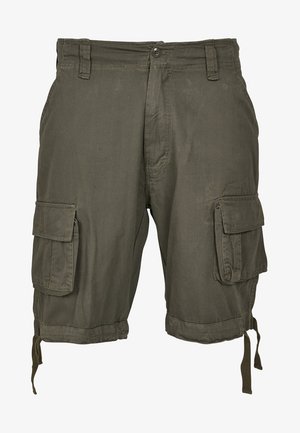 Olivza zaļi cargo šorti, kas izgatavoti no kokvilnas maisījuma auduma, ar divām lielām sānu kabatām, regulējamiem nevilkšanas apakšiem un pogu aizdari.