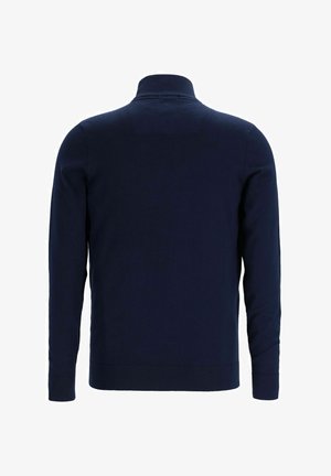 Mørkeblå, langærmet pullover med høj krave. Lavet af blødt, tekstureret stof. Har ribbede manchetter og talje, ingen synlige mønstre.