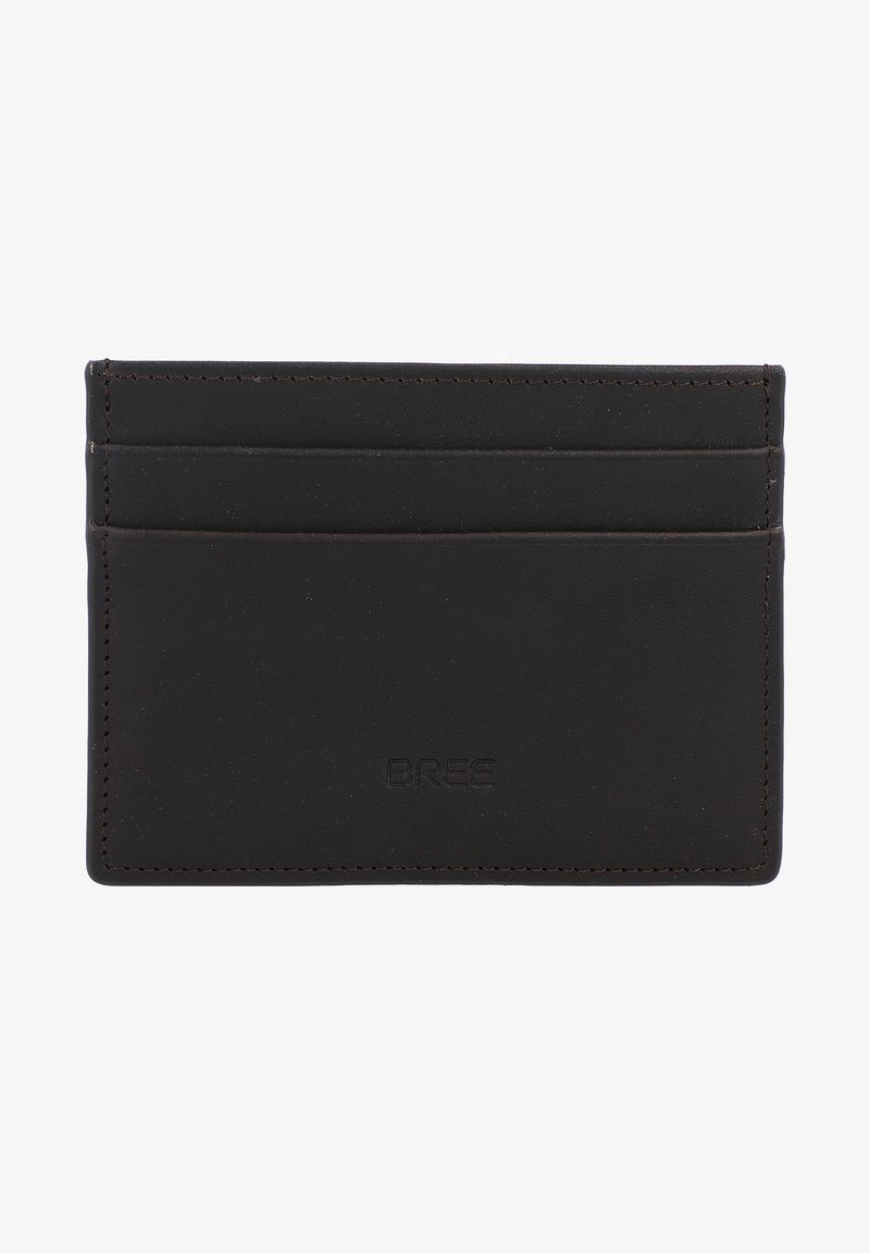 Zwarte lederen kaart houder met een gladde textuur, drie vakken voor kaarten, en een geperst logo aan de voorkant. Compact en gestroomlijnd ontwerp.