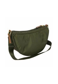 Borsa a tracolla in nylon verde con forma arrotondata, chiusura a zip e dettagli in pelle marrone. Presenta una tracolla regolabile in tessuto.