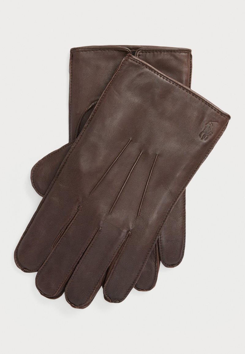 Guantes de cuero marrón con una textura suave, diseño de cinco dedos y sutiles detalles de costura en la parte posterior.