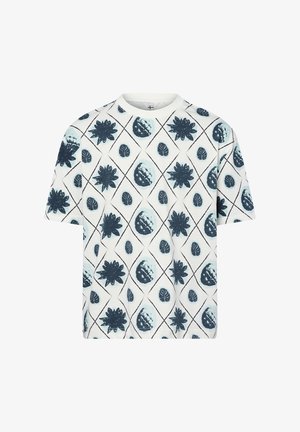 Korte mouwen T-shirt in witte katoen met een blauwe bloemen- en bladenprint op een ruitpatroon, met een ronde halslijn en een relaxte pasvorm.