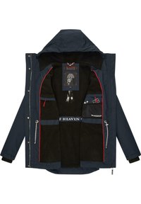 Navy blue outerwear jacket with a hood, featuring red trim, multiple internal pockets, and a soft black fleece lining.