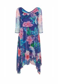 Kukkamekko, jossa on avara pääntie, kolme neljännes läpikuultavat hihat, sininen pohja, vaaleanpunaisia ja violetteja kukkakuvioita sekä epäsymmetrinen helma.