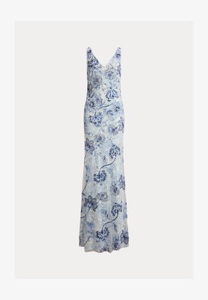 Hihaton vaaleansininen maksimekko, jossa on V-pääntie ja tummansinisiä kukkakuvioita kauttaaltaan, vyötäröltä istuva ja laskeutuu lattialle.