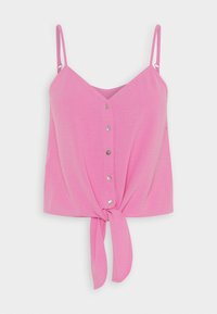 Blusa senza maniche rosa con spalline sottili regolabili, bottoni frontali e un nodo legato all'orlo.