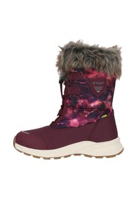 Maroonsneakers med galakse-mønster på overdelen, faux fur-kant og en hvid gummisål med tekstureret sål for bedre greb.