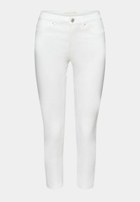 Jean blanc slim fit cropped avec poches avant, passants de ceinture et fermeture à bouton métallique à la taille.