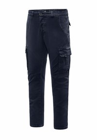 Niebieskie spodnie cargo wykonane z trwałej tkaniny, z wieloma kieszeniami, slim fit i płaskim przodem.