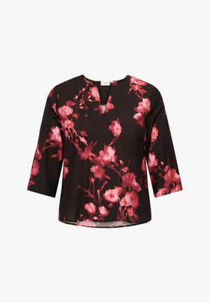 Sort bluse med 3/4-ærmer, med en V-hals og blomstermotiv i nuancer af pink. Glat tekstur, afslappet pasform og buet kant.