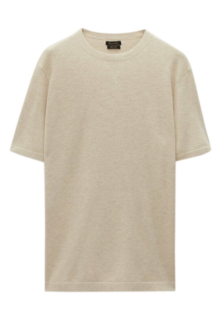 Light beige t-shirt made of textured fabric, featuring a round neckline and short sleeves, with a relaxed fit and minimal stitching details.