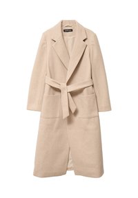 Long beige wool coat with a lapel collar, self-tie belt, and two front pockets. The fabric has a smooth texture and a tailored design.