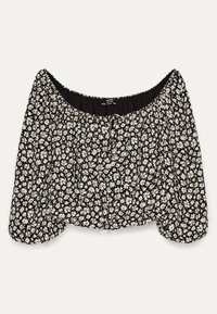 Blusa nera con motivo floreale bianco, design off-the-shoulder, scollatura e maniche elasticizzate, texture arricciata e dettaglio con nodo frontale.