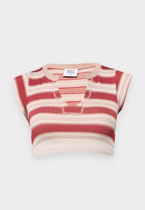 Top corto a righe in rosso e crema, con scollatura a V e maniche corte. Realizzato in materiale a costine con una finitura testurizzata.