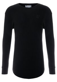 Schwarzer, langärmeliger Rippstrickpullover mit rundem Hals, figurbetonten Ärmelbündchen und einem dezenten Logo auf der Brust. Weicher Stoff und gerader Saum.