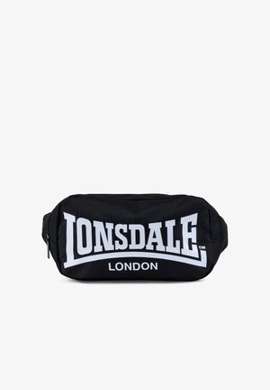 Pochette rectangulaire noire avec logo blanc "Lonsdale London" imprimé sur le devant et fermetures éclair sur les côtés.