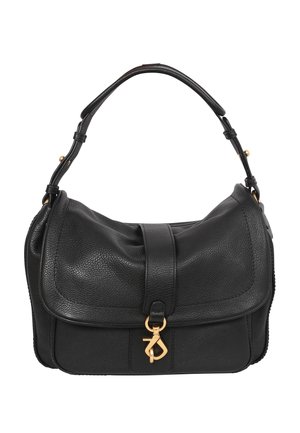 Schwarze Leder-Schultertasche mit strukturierter Oberfläche, geschwungener Form, magnetischem Klappenverschluss und Hardware-Elementen in Goldfarbe.