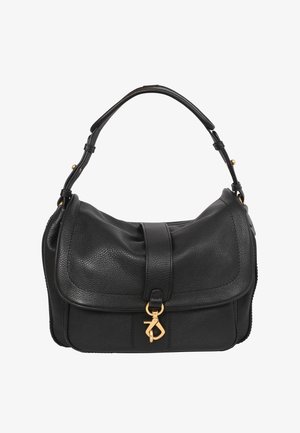 Black leather shoulder bag with a textured finish, curved shape, magnetic flap closure, and gold-tone hardware accents.