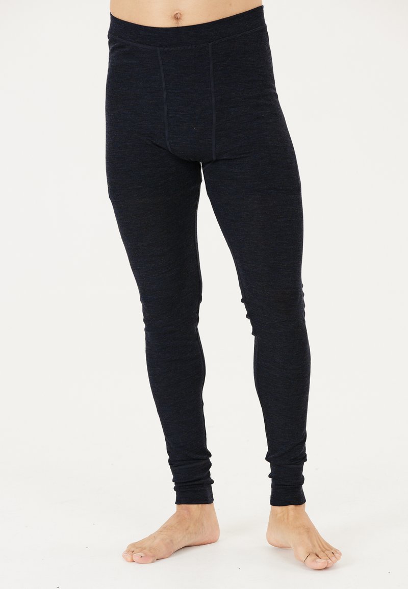 Dunkelblaue Leggings aus strukturiertem Stoff, mit einer taillierten Passform, elastischem Bund und engen Knöchelbündchen.
