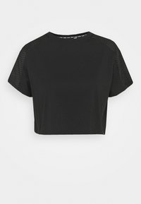 Svart kortärmad T-shirt i mjukt material. Har korta ärmar och meshinlägg på axlarna för bättre andningsförmåga. Enkelt, minimalistiskt design.