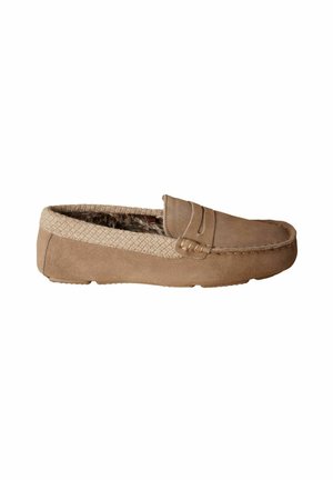 Braune Wildleder-Loafer mit gewebtem Textilkragen, dekorativer Steppnaht und weicher Innensohle, mit abgerundeter Zehenform und flacher Sohle.