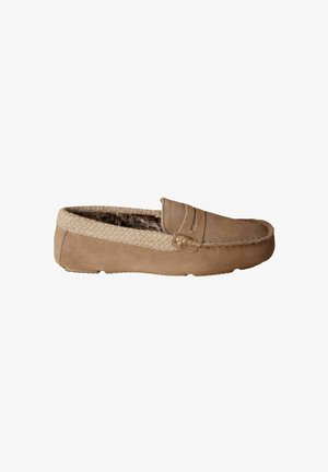Ruskea mokkanahkainen loafer, jossa on kudottu kangasreuna, koristeompeleet ja pehmeä sisustus, pyöreä kärki ja litteä pohja.