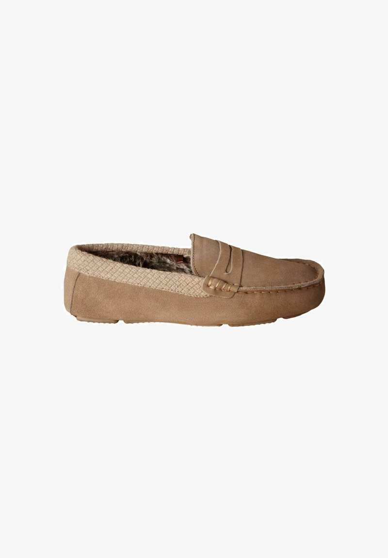 Brown suede loafer with woven textile collar, decorative stitching, and a soft inner lining, featuring a rounded toe and flat sole.