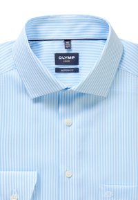 Blue and white striped button-up shirt with spread collar, front buttons, and labels showing "Olymp Luxor" and "Modern Fit" inside collar.