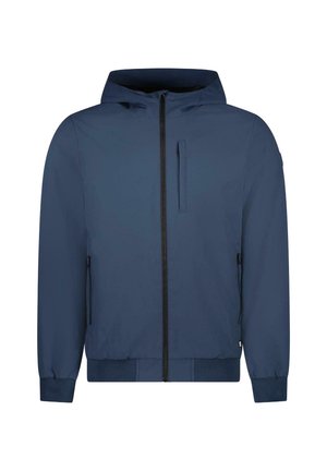 Marineblauwe capuchonjas met een ritssluiting over de hele voorkant, een borstzak met rits, elastische manchetten en een geribde zoom. Gemaakt van een lichtgewicht, gladde stof.