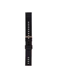 Correa de reloj de silicona negra con hebilla de metal plateado, cuenta con múltiples agujeros para ajuste y detalle de logo en relieve. Diseño largo y estrecho.