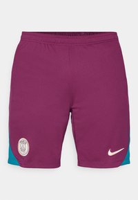 Shorts Nike viola con tessuto testurizzato, dettagli laterali turchesi, vita elasticizzata e logo di Parigi sulla gamba sinistra.