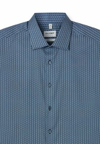 Blaues tailliertes Hemd mit weißem kreisförmigem Blumenmuster und Knopfleiste, Marke Olymp Level 5 Five, Größe 40/15¾.