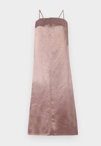 Satin midi-kjole i gradientnyanser av rose, med tynne stropper og en glatt, litt krøllete tekstur med en rett silhuett.