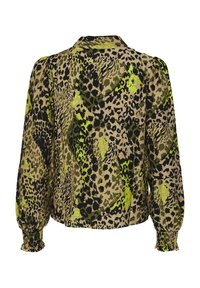 Langärmlige Bluse aus leichtem Stoff mit einem grün-schwarzen Leopardenmuster auf einem hellen Hintergrund. Mit gerafften Ärmeln und Kragen.