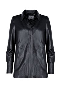Sort læderskjortejakke med krave, knaplukning foran og lange ærmer. Har en glat tekstur og skræddersyede sømme.