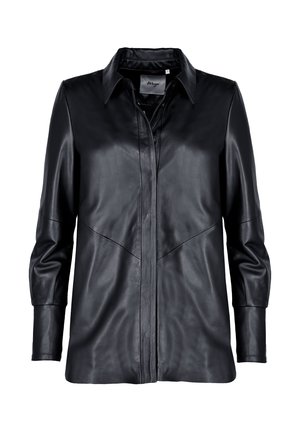 Zwarte leren overhemdjas met een kraag, knoopsluiting aan de voorkant en lange mouwen. Heeft een gladde textuur en getailleerde naden.