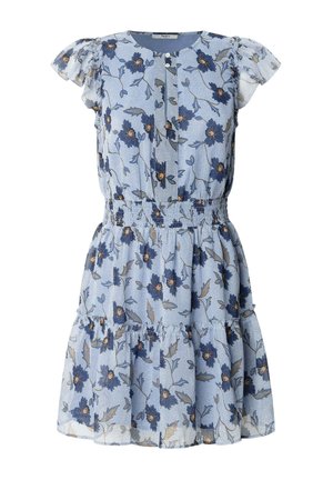 Blomsterkjole i lyseblått stoff, med volangermuffer, rund hals, knappdetaljer, elastisk midje og lagdelt skjørt.