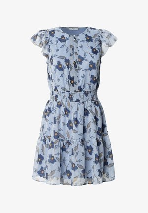 Vestido floral de tejido azul claro, con mangas rizadas, escote redondo, detalles de botones, cintura elástica y falda en capas.