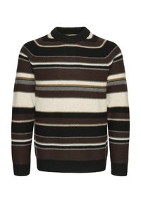 Megzta sv sweater su apvaliu kaklu, su horizontaliomis rudenio, juodos, kreminės ir garstyčių spalvų juostomis; sutrauktos rankovių ir apatinio krašto detalės.