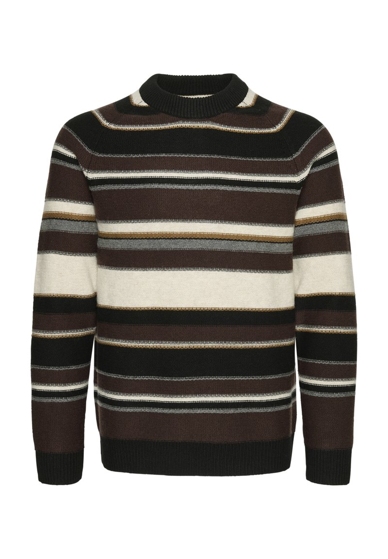 Maglione a maglia con colletto rotondo, caratterizzato da righe orizzontali nei colori marrone, nero, crema e senape; polsini e orlo a coste.