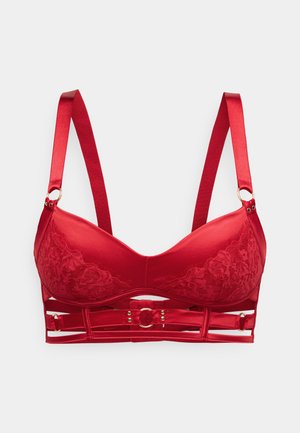 Soutien-gorge rosso in satin con dettagli in pizzo, coppe sagomate, spalline regolabili e un accento decorativo in metallo dorato al centro.
