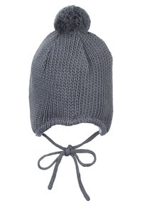 Gray knitted hat with a pom-pom atop, ties at the chin, textured pattern, rounded shape, and a soft finish.