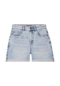 Vaaleansiniset farkkushortsit, joissa on käännetty lahje, etutaskut, vyölenkit ja nappikiinnitys. Ominaisuuksina haalistunut pinta ja klassinen muotoilu.